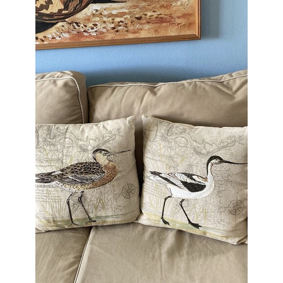 Pair of Susan Winget Beige w/ Embroidered Shore/Wading Birds Pillows 17" x 17" - Picture 1 of 10